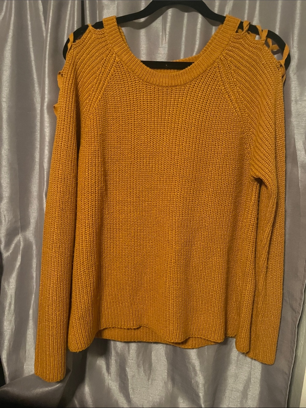 Moral Fiber Mustard Cutout Shoulder Crew Neck Sweater